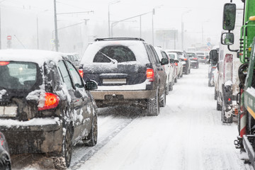 Traffic jam on Moscow road during blizzard snowstorm