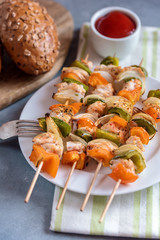 Skewers with chicken, peppers and onions.