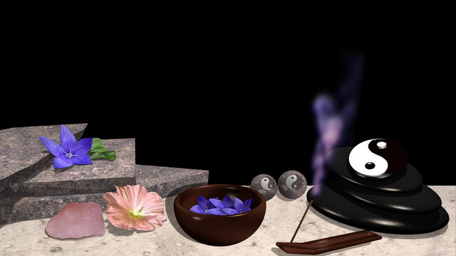 verschiedene Blüten, Steinplatten, Schale mit Blüten, Bimsstein mit yin und Yang Symbol , Qi-Gong Kugeln, Rosenquarz und ein Räucherstäbchen mit violettem Rauch. 3d render