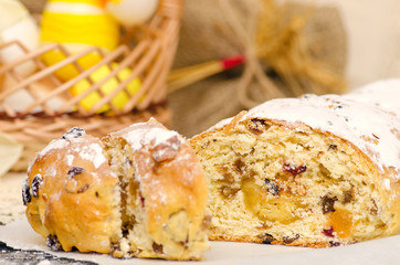 Sweet Easter bread with marzipan, candied fruits, nuts, dried fruits.