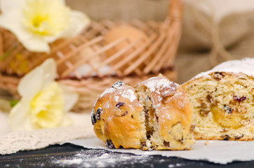 Sweet Easter cake with marzipan, candied fruits, nuts, dried fruits.