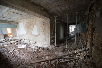 Fototapeta na wymiar Abandoned music concert hall bulding in Chernobyl exclusion zone, Pripyat, Ukraine