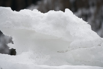 Snow Winter background, close-up of frosted ice lump on a snowing day with copy space