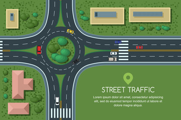 Roundabout road junction and city transport, vector flat illustration. City road, cars, crosswalk, trees and house top view. Street traffic, automobiles and transport design elements. - obrazy, fototapety, plakaty