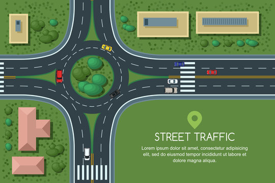 Roundabout road junction and city transport, vector flat illustration. City road, cars, crosswalk, trees and house top view. Street traffic, automobiles and transport design elements.