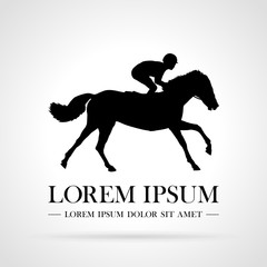 Obraz na płótnie Canvas Silhouette of racing horse with jockey. Logo. Design icons. Stable, farm,Valley,Company. Equestrian sport. Poster. Vector Illustration.