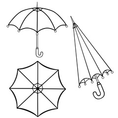  Set of linear umbrellas in different angles. Side view, top, undisclosed umbrella - vector linear drawing for coloring. Outline. Hand drawing. Line drawing. Black and white