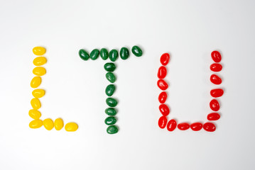 LTU (Lithuania) letters. Composed of colorful sweets