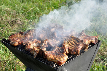 Grilling at summer weekend. Fresh meat  preparing on grill.