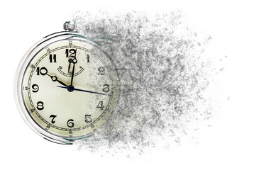 Time is running out concept shows clock that is dissolving away into little particles