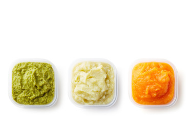 Three containers of baby puree isolated on white from above