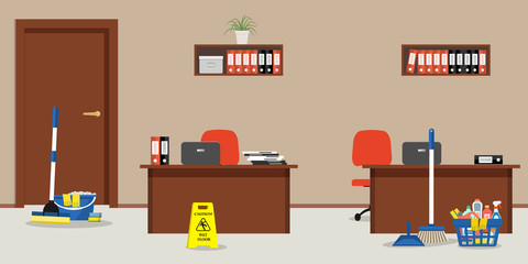Cleaning in the office. There is a "Caution! Wet floor" sign, a mop, a broom, a scoop and other objects in the picture. There are two desks, red chairs, shelves with folders in the room. Vector image