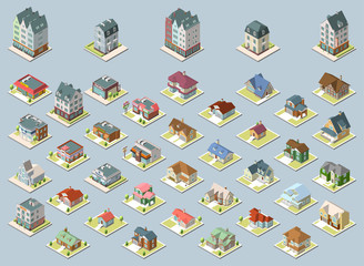 Vector isometric buildings set. Isolated on blue background.