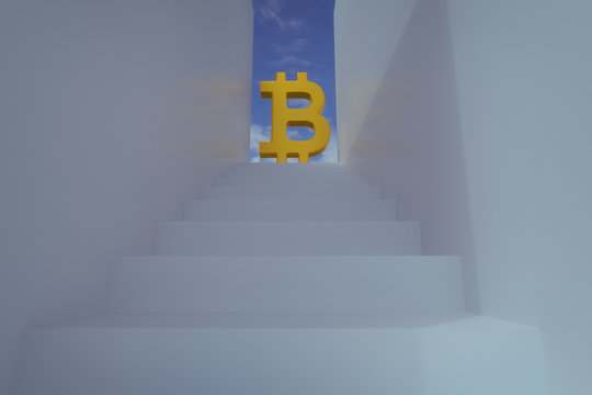 3d rendering of bitcoin sign on laddar against blue sky