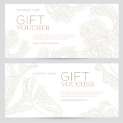 Gift voucher. Elegant festive gift coupon with gold flowers on a white background. Vector template for gift card, coupon and certificate for a spa, beauty salon, shops and restaurants - 192382923