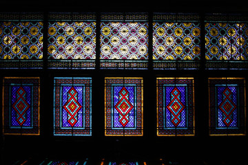 Stained glass windows in the interior of the Palace of Shaki Khans in Shaki, Azerbaijan