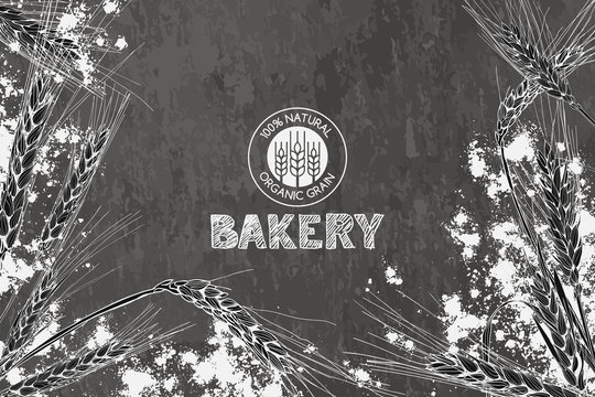 Vector bakery vintage background design. Hand drawn sketch illustration of wheat, flour on dark slate stone background. Concept for bakery menu, organic flour, grain and cereal products.