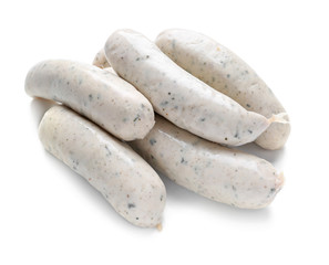 Delicious sausages on white background