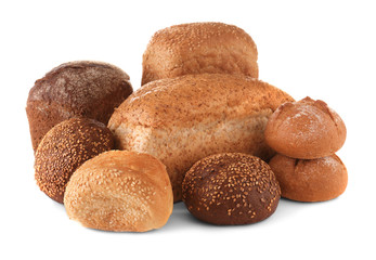 Variety of fresh tasty bread on white background