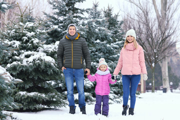 Happy family walking in winter park