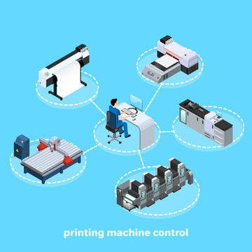Printing Machine Control, Professional Equipment For Various Types Of Printing In The Field Of Advertising, Offset And Digital As Well As Inkjet And Ultraviolet Printing, Isometric Image