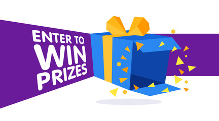 Enter to win prizes gift box. Cartoon origami style vector illustration - obrazy, fototapety, plakaty