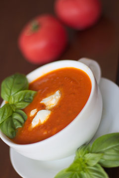Creamy tomato soup with mozzarella and basil