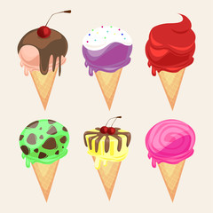 Ice-cream illustration set. Price list with a set of balls of ice-cream in small wafer cones