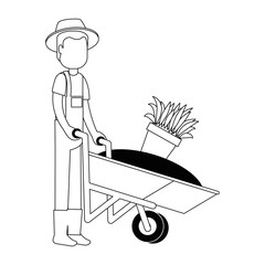 man gardener with wheelbarrow avatar character vector illustration design