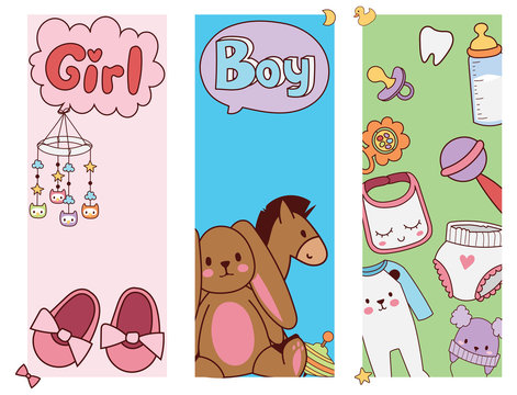 Baby toys banner cartoon family kid toyshop design cute boy and girl childhood art diaper drawing graphic love rattle fun vector illustration.