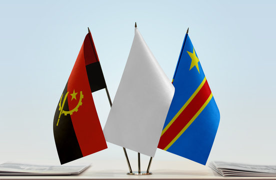 Flags of Angola and Democratic Republic of the Congo (DRC, DROC, Congo-Kinshasa) with a white flag in the middle