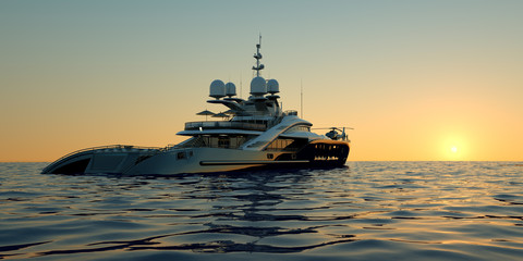 Extremely detailed and realistic high resolution 3D illustration of a luxury super yacht with a helicopter, a swimming pool and a jacuzzi