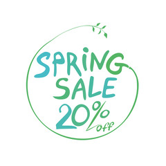 Spring Sale 20% off hand drawn inscription round symbol. Vector green handwriting template.
