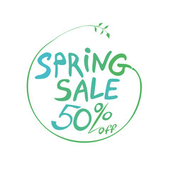 Spring Sale 50% off hand drawn inscription round symbol. Vector green handwriting template.