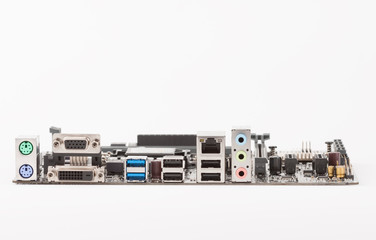 Ports of new, modern computer motherboard, isolated on white background