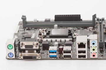 Fototapeta premium Ports of new, modern computer motherboard, isolated on white background