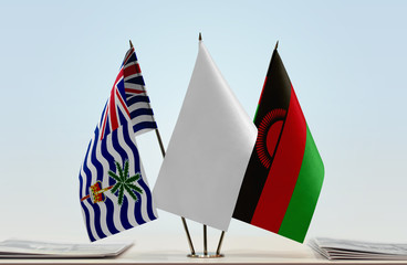 Flags of British Indian Ocean Territory and Malawi with a white flag in the middle
