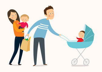 Happy family walking. Cartoon vector eps 10 illustration isolated on white background.