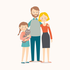 Happy young family. mother, father, their daughter and a cat.
