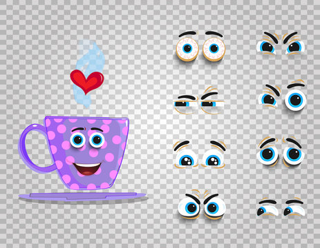 Cute emoji set of lilac cup with changeable eyes