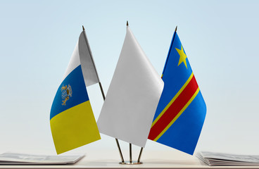Flags of Canary Islands and Democratic Republic of the Congo (DRC, DROC, Congo-Kinshasa) with a white flag in the middle