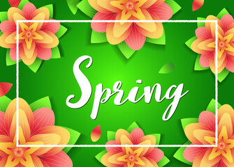 Spring flowers background. Abstrack season orchid flowers and lettering on blur background. Fresh design for flyers, invitation, posters, brochure, voucher, sale poster or banner. Vector illustration.