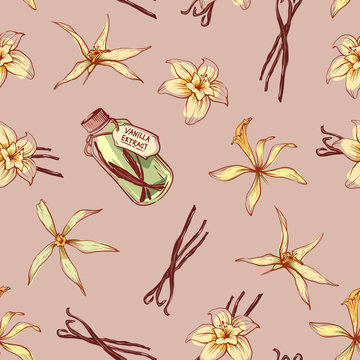 Natural Vanilla Spice Seamless Pattern. Exotic Asian Spice For Dessert Or Parfum Industry Vector Illustration. Vanilla Flower Sticks, Leaves And Extract Oil Bottle Isolated On Brown Background.