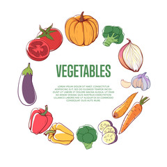 Fresh vegetables round concept on white background. Carrot, pumpkin, cucumber, onion, pepper, tomato, eggplant, garlic vector illustration. Natural organic farming, healthy vegetarian nutrition poster