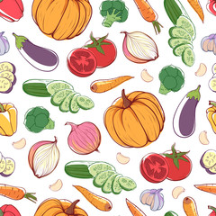 Fresh vegetables on white background. Seamless pattern with carrot, pumpkin, cucumber, onion, pepper, tomato, eggplant, garlic. Natural farming, healthy food, vegetarian nutrition vector illustration.