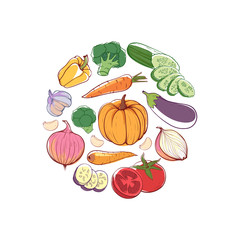 Vegan food round concept with fresh vegetables. Carrot, pumpkin, cucumber, onion, pepper, tomato, eggplant, garlic vector illustration. Natural organic farming, healthy vegetarian nutrition poster.