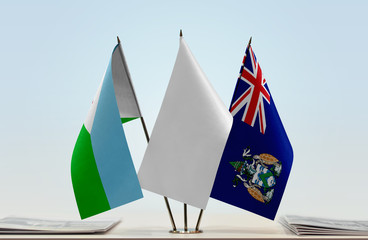 Flags of Djibouti and Ascension Island with a white flag in the middle