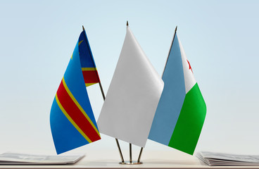 Flags of Democratic Republic of the Congo (DRC, DROC, Congo-Kinshasa) and Djibouti with a white flag in the middle