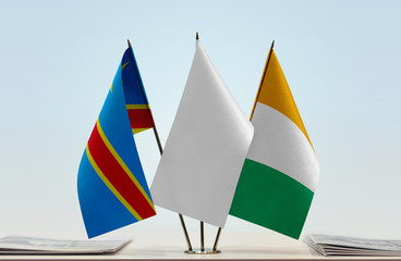 Flags of Democratic Republic of the Congo (DRC, DROC, Congo-Kinshasa) and Ivory Coast with a white flag in the middle