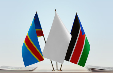 Flags of Democratic Republic of the Congo (DRC, DROC, Congo-Kinshasa) and South Sudan with a white flag in the middle